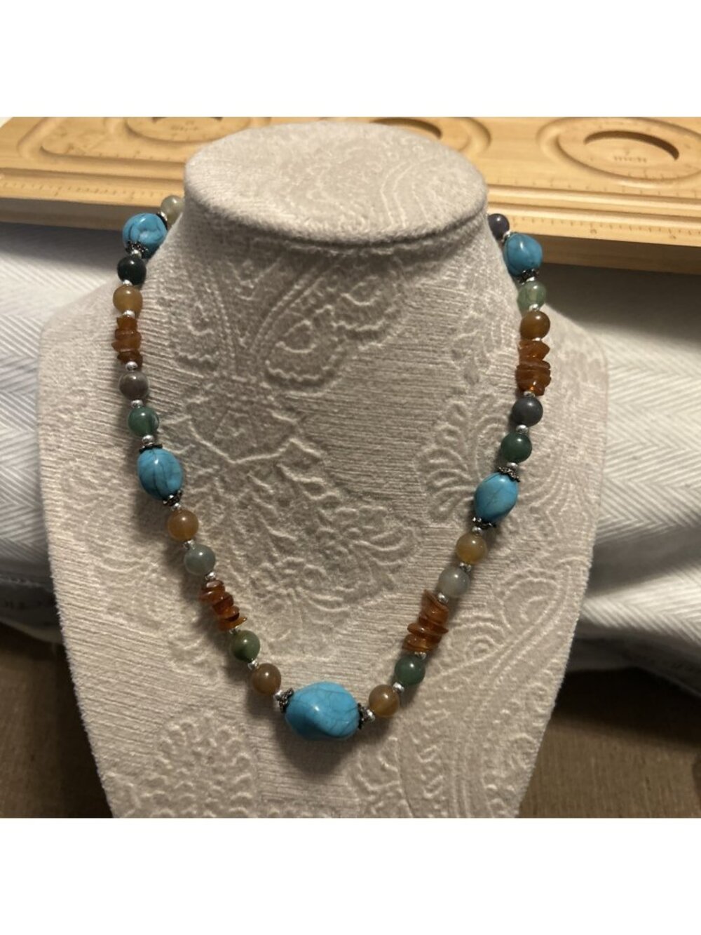 Vintage Southwestern Chunky Necklace Turquoise 16” Multistory Silver Tone Accent